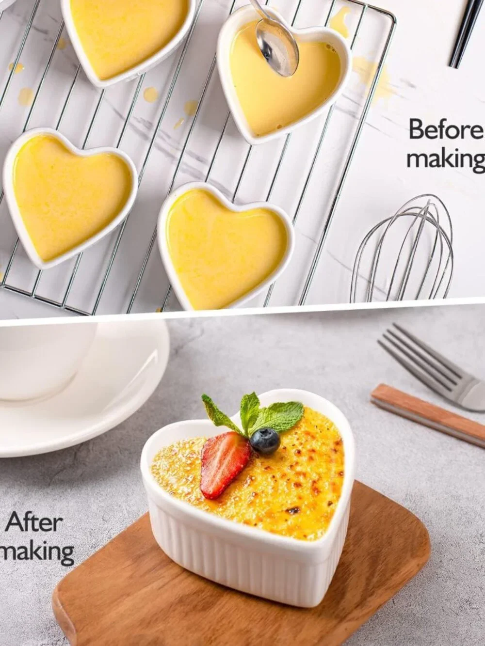 Heart Shaped Ramekins Set of 6 - 6 Oz Porcelain Baking Dishes for Souffle